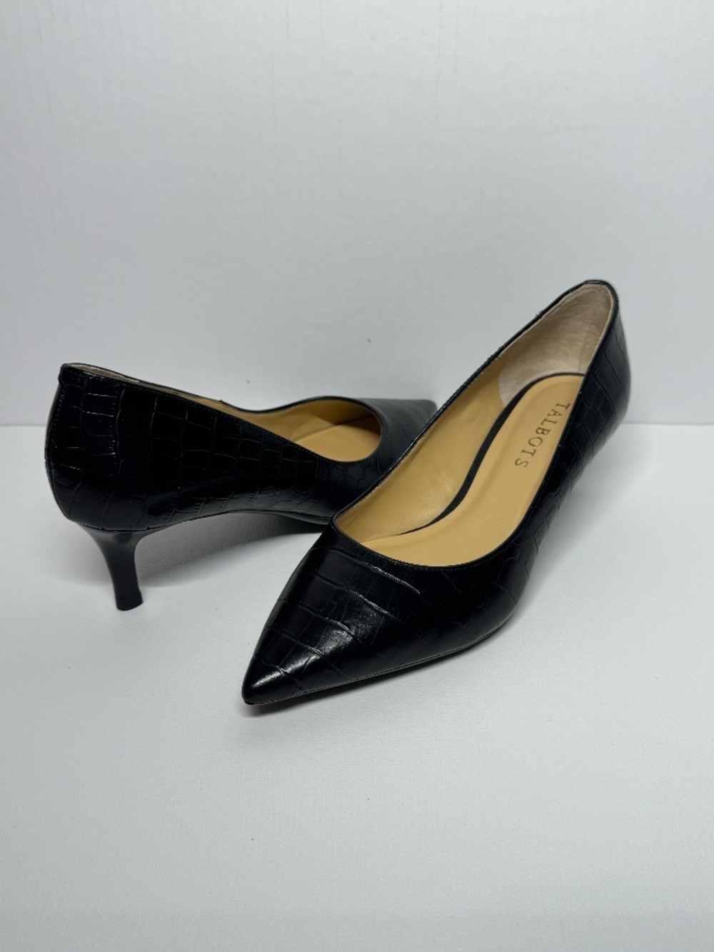 Talbots Black Croc Embossed Pointed Toe Kitten Heels Pumps S 5.5M Classic